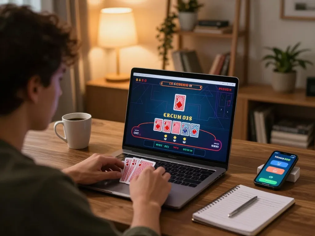 Engaging scene of online blackjack gameplay on hitclub368 from a cozy home setup.