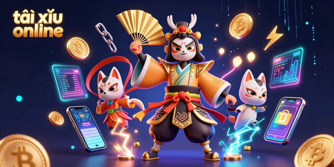 Experience exciting tài xỉu online gameplay with our vibrant 3D illustration showcasing characters and crypto elements.