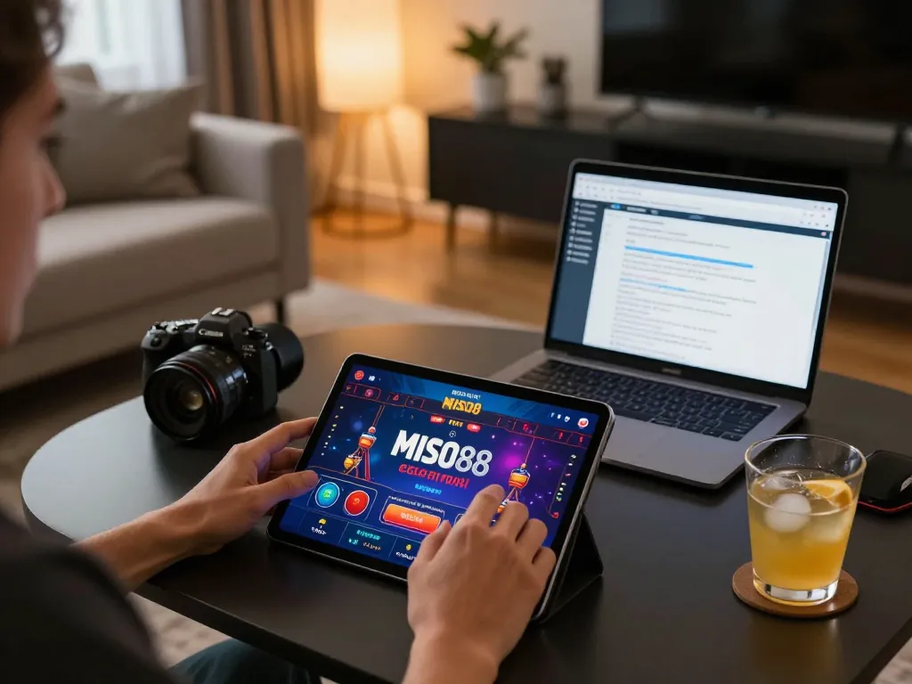 MISO88 player strategizing with tablet in a cozy home gaming setup, highlighting engaging online gambling