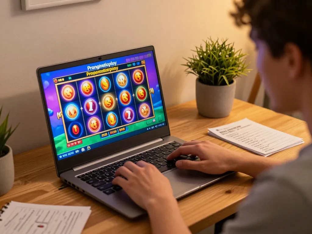 Engaging with Pragmaticplay slots on laptop at home, highlighting cozy gaming atmosphere