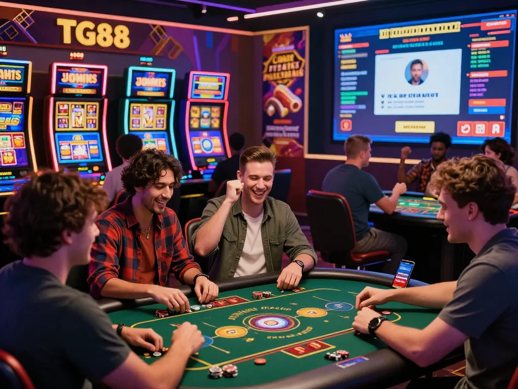 TG88 online casino scene showing players engaging in diverse games with exciting graphics and live support interactions.