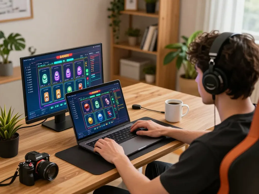 DASH88 player enjoying an online gaming session with a laptop and coffee in a cozy setting.