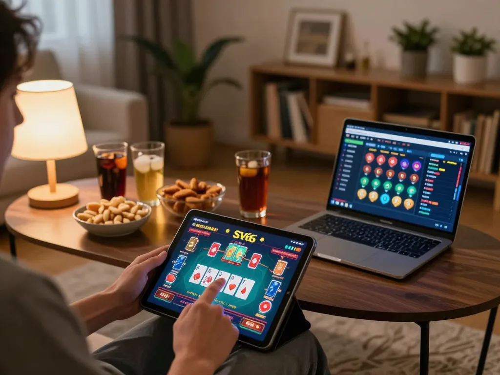Engaging with SV66 casino app on a tablet while enjoying online gambling at home