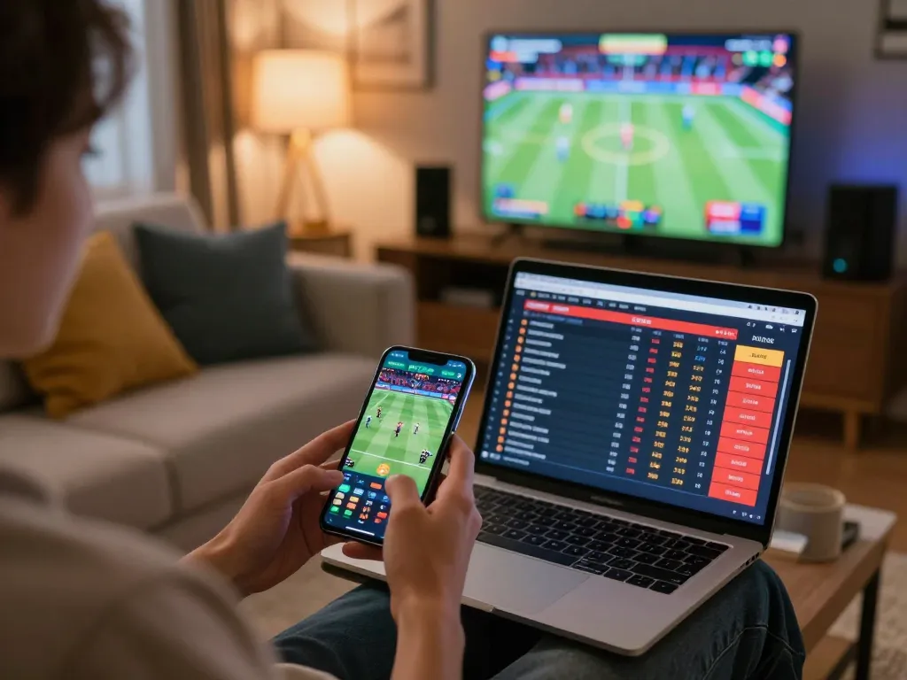 Person using smartphone for live sports betting on debet15 with laptop stats visible.