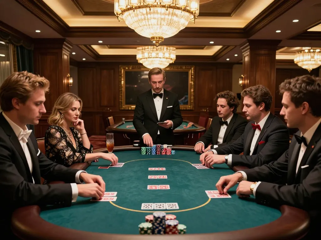 33WIN players strategizing during an upscale poker game in a luxurious casino setting