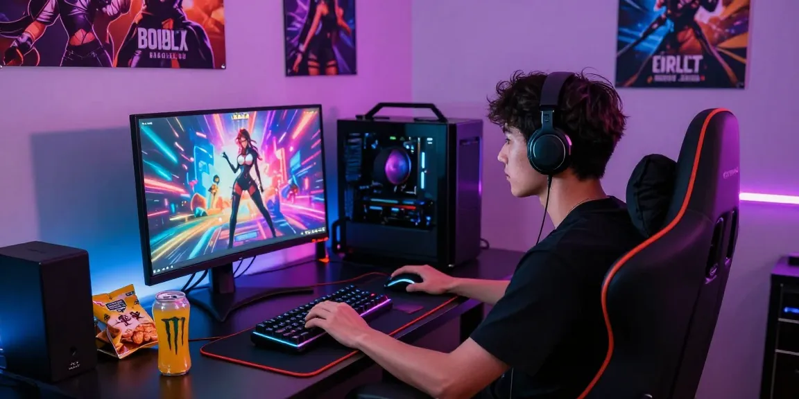 Engaging gamer immersed in AI hentai games within a vibrant gaming setup, showcasing colorful graphics and tech.