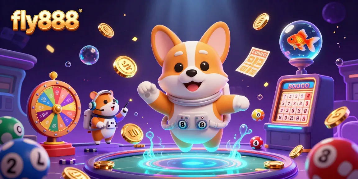 Experience thrilling fun at fly888 with an astronaut corgi and captivating casino elements.